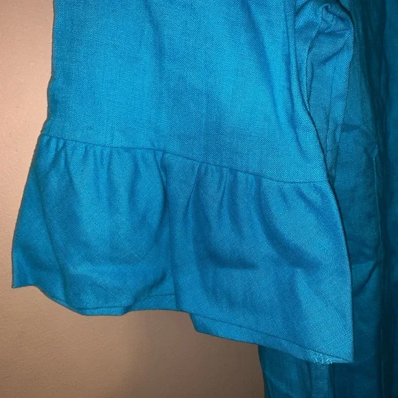 Choices woman 1X linen collared blouse blue full button flutter sleeve - Picture 2 of 8